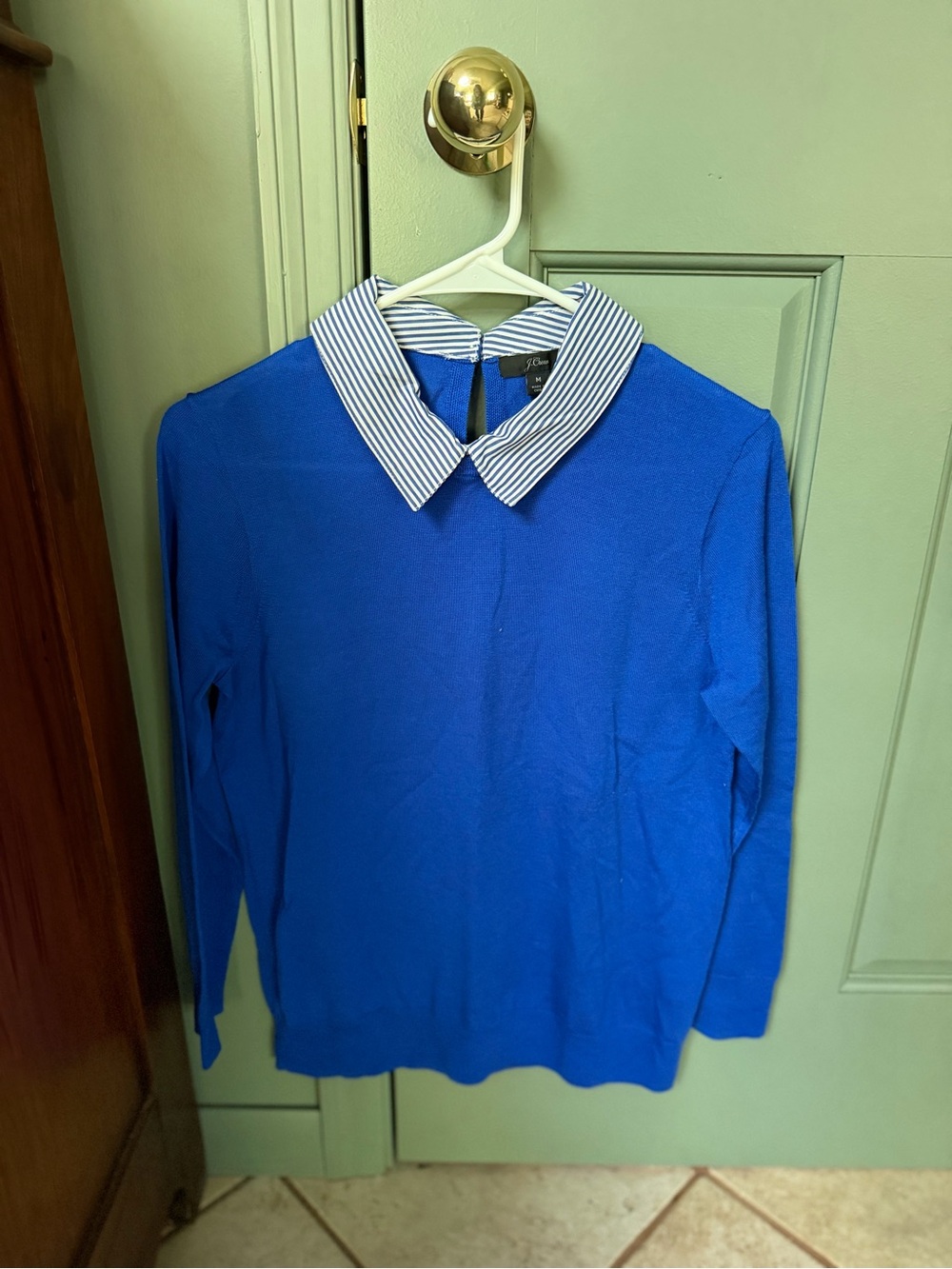 J. Crew Royal Blue Crewneck Sweater with Striped Collar